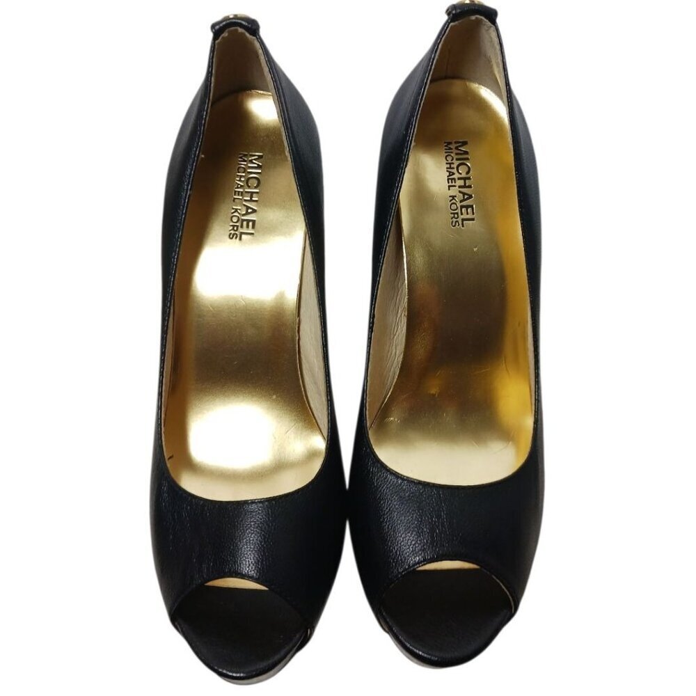 Michael Kors Leather Open Toe Heels Blk/gold Size 9.5